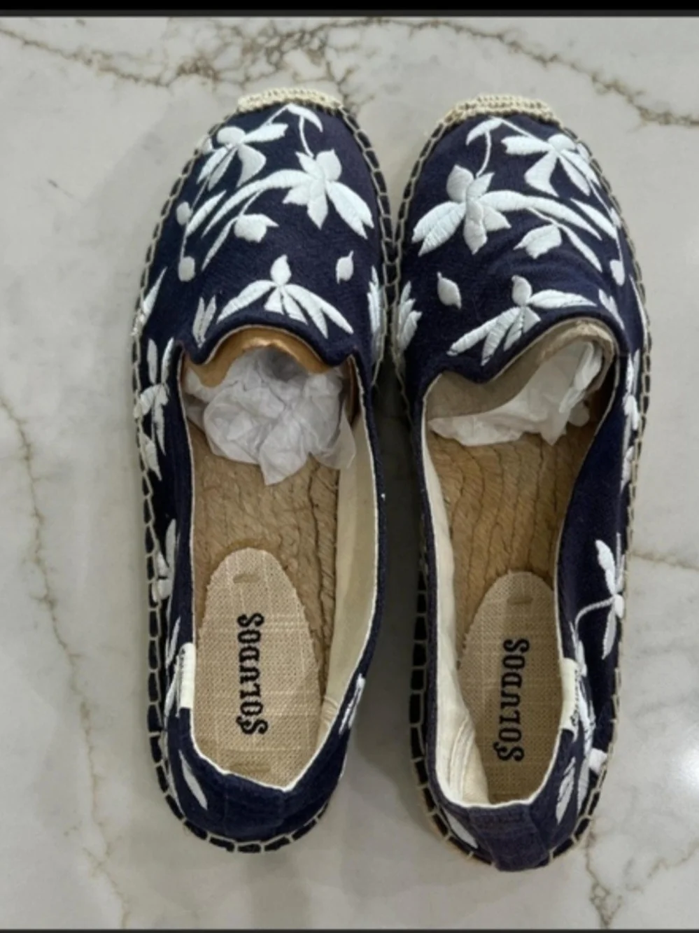 Soludos Navy Canvas Espadrilles with White Floral Embroidery